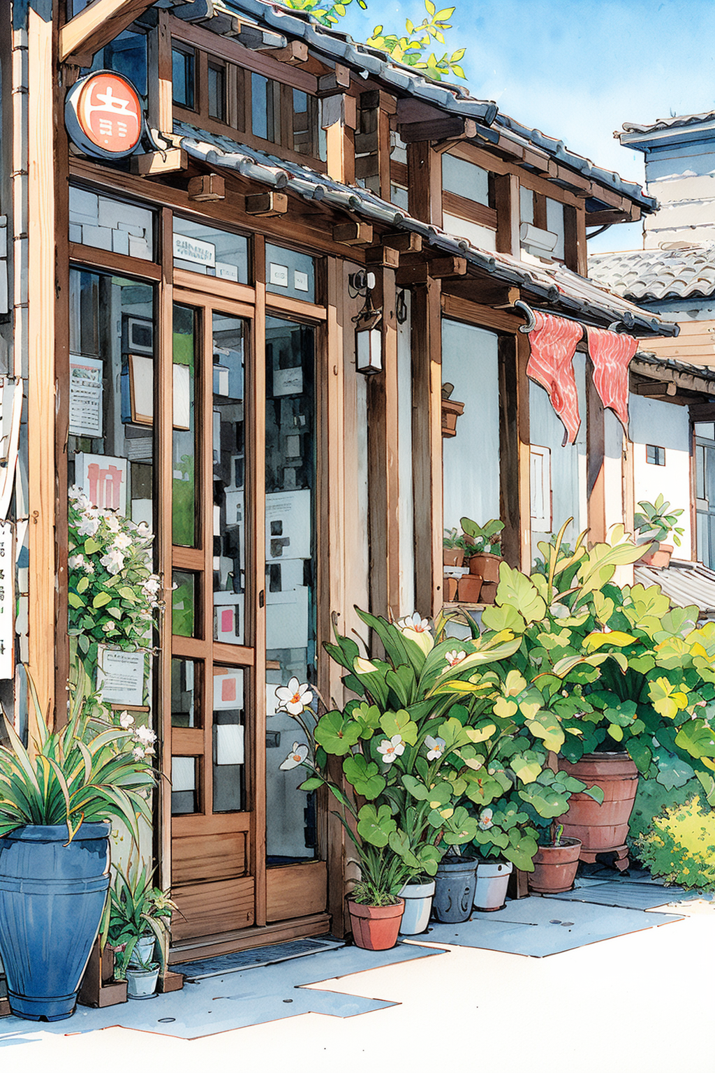 03800-3935448228-no humans, plant, window, potted plant, house, door, scenery, outdoors, traditional media, flower pot, building, pillow, (illust.png